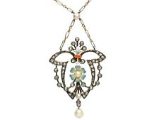 0.55 Ct Diamond Pearl and Enamel 12k Yellow Gold and Silver Pendant - Antique 