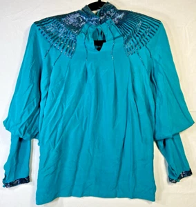 Della Roufogali Sz 6 Silk Fairy Top Beaded Trim Pads Cyan Flared Long Sleeve 80s - Picture 1 of 17
