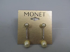 Vintage Monet Earings Dangling Silver Tone Faux Pearl Rhinestones New NOS - Picture 1 of 3