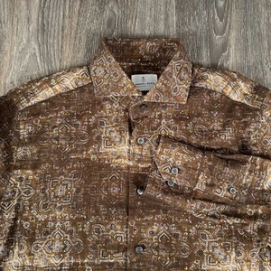 Emanuel Berg Modern Fit Dobby Sport Shirt Mens M Brown Print Harvard Collar - Picture 1 of 18