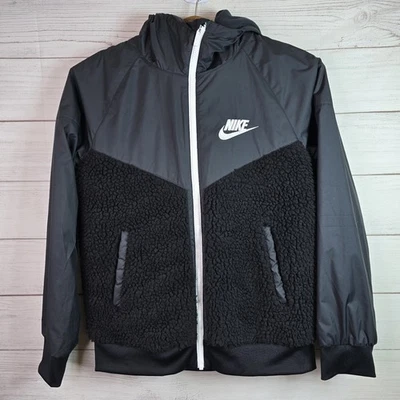 Nike NSW Windrunner Black Jacket Boys Sz Large Sportswear Full Zip Hoodie Sherpa - Image 1 of 4