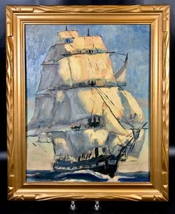 Framed Seascape Acrylic Painting with American Sailing Ship attr. Mary Driver - Picture 1 of 17