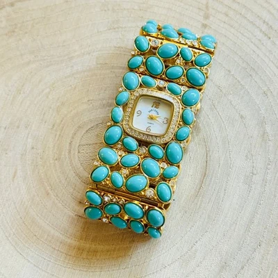 Adrienne Vittadini Wristwatch tank watch Turquoise Pave Stones battery needed 7" - Image 1 of 4