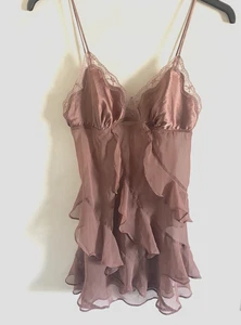 Vintage La Senza Satin Frilled Light Brown Chemise with Lace Size S UK 10 - Picture 1 of 7