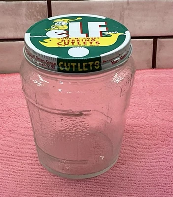 Vintage 1960s Lyon Fish Elf Brand Herring Cutlets Textured Glass Jar w Screw Lid - Image 1 of 4