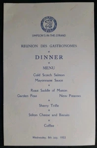 1953 Simpsons In The Strand Reunion Des Gastronomes Dinner Menu - Picture 1 of 2