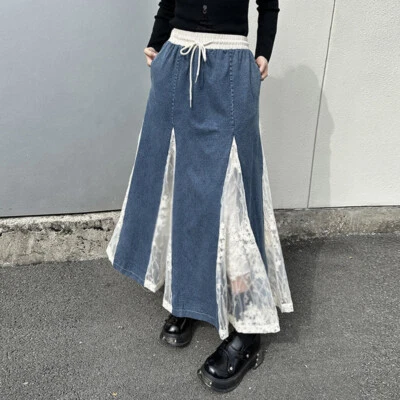 Fashion Women's Denim Lace A-Line Skirts High Waist Drawstring Loose Jean Skirts - Image 1 of 4