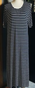 Women’s Maxi Dress Sz L Black Rayon Stripes Stretch Ivory Knit Button Accent