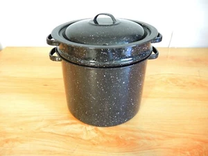 VINTAGE BLACK & WHITE 3 PIECE GRANITE WARE STEAMER - Picture 1 of 9