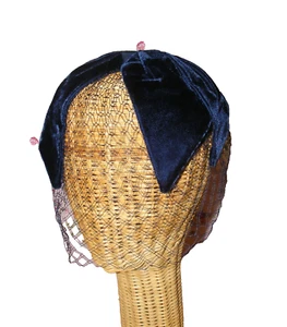 50s FASCINATOR HAT NETTED CAP VINTAGE COCKTAIL FASHION NAVY BLUE VELVET BOW TOP - Picture 1 of 10