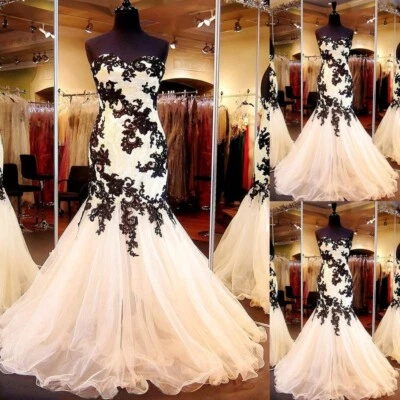 Black and White Wedding Dresses Mermaid Strapless Gotich Plus Custom Bridal Gown - Image 1 of 4