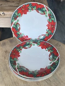 GIBSON POINSETTIA HOLIDAY CHINA 7 3/4” SET 4 Pane di Natale Dessert Agrifoglio - Foto 1 di 11