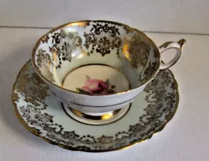 PARAGON Grüngold Filigran Rosa Rose Blumenmuster Teetasse Untertasse Set doppelte Garantie - Bild 1 von 5