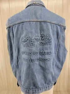 Vintage Snowmobile Capital West Yellowstone Jean Jacket Vest Size Large USA - Picture 1 of 9