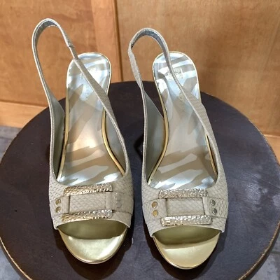 ANNE KELIN Shoes Heels 9.5 M Akurbain Gold Snake Print Leather Buckle Block NEW - Image 1 of 4