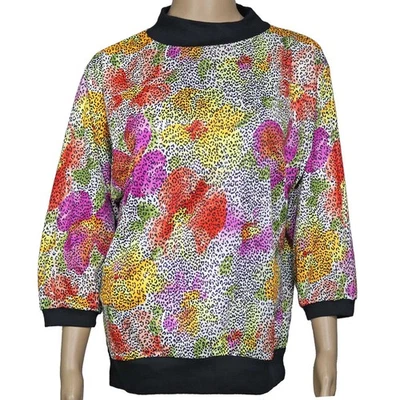 80s Vintage Top Shirt Blouse Colorful Leopard Animal Floral Print New Wave Large - Image 1 of 4