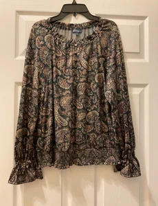 Democracy Navy Paisley Print Metallic Elasticized Bluse Langarm Damen S - Bild 1 von 8