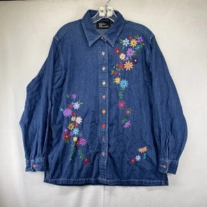 Chemise boutonnée fils argentés femme bleu moyen denim broderie florale coton - Photo 1/19