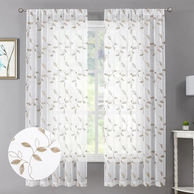 Hoja Taupe Cortinas Transparentes Hojas Bordadas Dormitorio Cortina Corta Barra Bolsillo... Foto 1 de 4