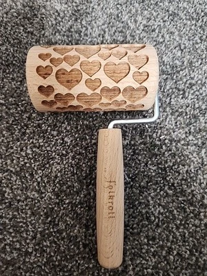 Wood Embossed, stamped Mini Rolling Pin With Heart Pattern - Image 1 of 4