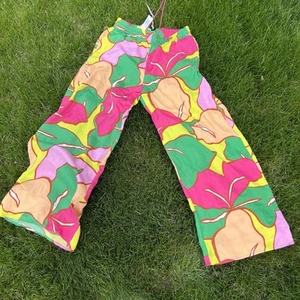 C&C California Palazzo Pants Wide Leg Multicolor Floral Tropical Satin NWT Med - Picture 1 of 9