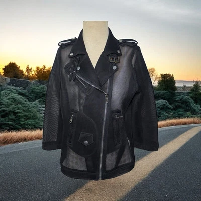 Luxe Moda Size L Mesh Moto Style Jacket 3/4 Sleeves Buckles Biker Sheer Coat New - Image 1 of 4