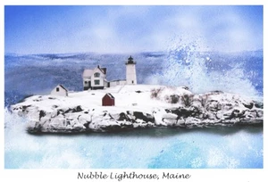 Tarjetas de felicitación Nubble Lighthouse, ME, 5x7 #31 hechas a mano por Jean McLean - Imagen 1 de 5