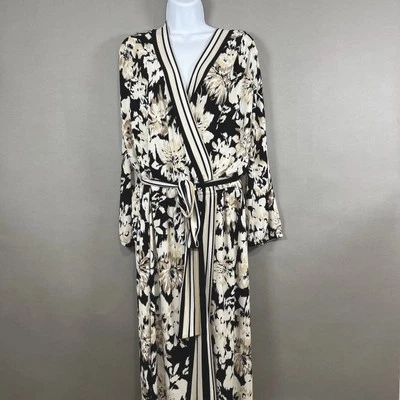 Vestido Lane Bryant Mujer 26/28 Negro Beige Imitación Envolvente Cinturón Manga 3/4 Midi Foto 1 de 4