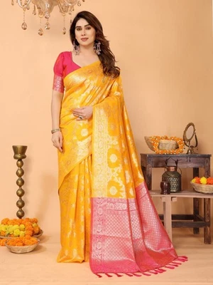 Yellow Saree Bollywood Wedding New Design, Customized Blouse Design Party Saree1 - Image 1 of 2