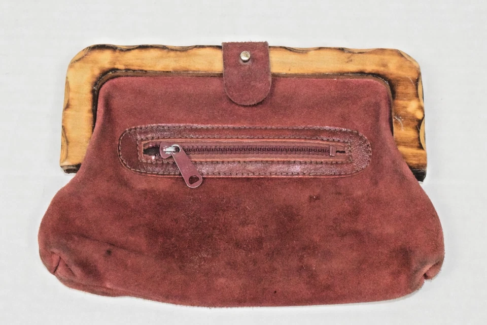 Bolso de mano de cuero vintage años 60 marrón rojizo gamuza asas mango de madera Foto 1 de 4