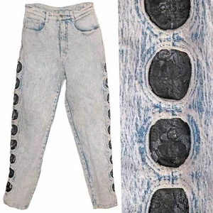 1980s Vintage Acid Wash Distressed Mom Jeans Black Lace Inset Sides Stefano 6 - Picture 1 of 6
