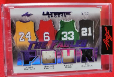 KOBE BRYANT LARRY BIRD TIM DUNCAN DR J 4 GAME USED JERSEY CARD #d5/12 ULTIMATE - Image 1 of 3