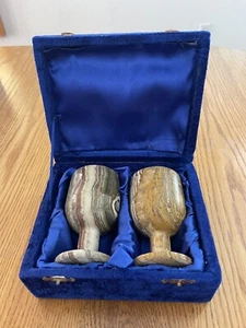 Set of 2 Stone Wine Glasses Marble Goblets in Case - Picture 1 of 3