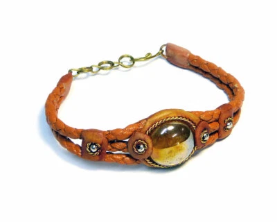 Pulsera redonda de cuero teñido trenzado con cuentas de gema unisex hecha a mano accesorios boho Foto 1 de 3