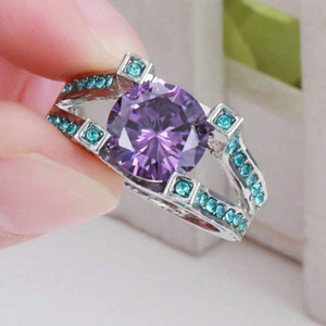 AMETHYST & AQUA CZ'S 10K WHITE GOLD FILLED RING SZ 7 1/2 BY COSTUME JEWELRY KING - Picture 1 of 2