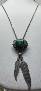 "Colgante cadena Figaro colgante pluma corazón malaquita plata esterlina QT 20""" - Imagen 1 de 4