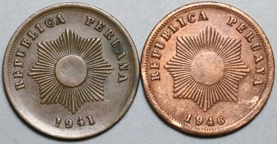 1941 1946 Peru 2 Centavos Radiant Sun 2 Coins (25063004R) - Image 1 of 2
