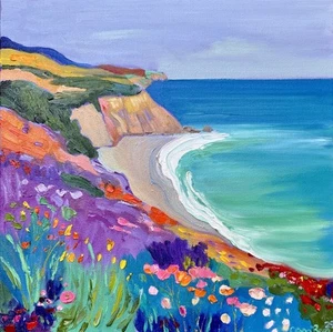 Pintura al óleo original de California sobre lienzo Big Sur Malibú playa decoración flores - Imagen 1 de 16
