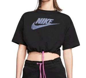 Nike Cropped Short Sleeve Sweatshirt Womens Sz 2X Black W/ Logo Pink Drawstring - Picture 1 of 12