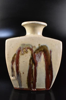 F1813: Jarrón de flores japonés Mashiko-ware esmalte rojo forma Ikebana Foto 1 de 4