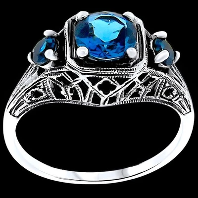 GENUINE LONDON BLUE TOPAZ 925 STERLING SILVER ART DECO STYLE 3 STONE RING   #188 - Image 1 of 4