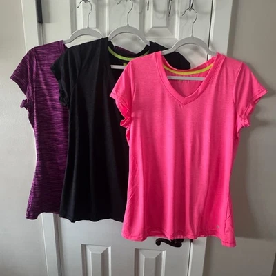 Prendas para el torso activo Xersion para mujer cuello en V rosa púrpura negro talla L grande E6 Foto 1 de 4