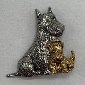 Liz Claiborne Gold Silver Tone Scottish Terrier Mama Baby Dog Pin Brooch - Picture 1 of 5