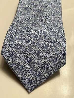 Pineda Covalin Mexico Silk Tie Escritura Maya Mayan Writings Blue - Image 1 of 4