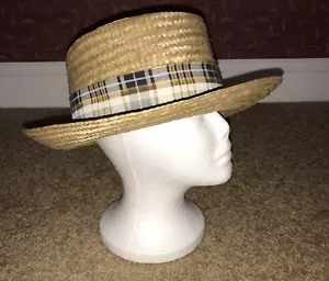 Vintage Tan Straw Men's Panama Hat Blue Ivory Tan Plaid Band 7 ¼ - Picture 1 of 6