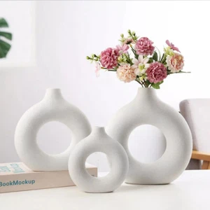 Nordic Donut Circular Ceramic Art Vase Home Office Flower Vase Birthday Gift - Picture 1 of 13