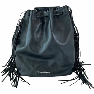 Victoria's Secret Backpack Black Fringe Cinch Bag Purse Drawstring Bookbag - Picture 1 of 7