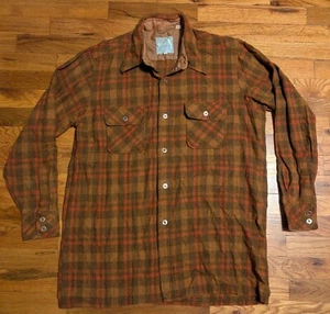 Vtg Dolphin Flannel Shirt - LARGE Korea Made - Brown / Orange Long Sleeve Button - Picture 1 of 24