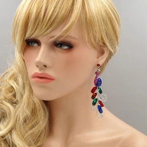Women Multi-Color Crystal Rhinestone Wedding Drop Dangle Earrings Peacock 01315 - Picture 1 of 4