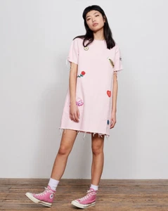 New Lazy Oaf Pink Denim Patch Tunic Dress Size UK Small - Picture 1 of 7